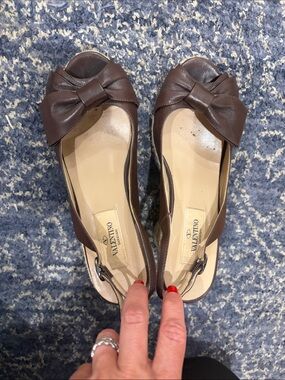 Valentino Dark Brown Leather Bow Peep-Toe Slingbacks